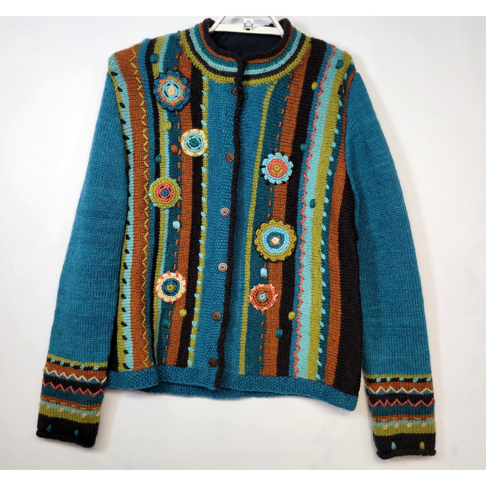 Newari Cardigan Handknit‎ Wool Sweater Womens Large XL Floral Artistic Bohemian